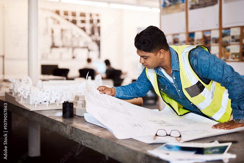 Poster architect, man and worker reading a blueprint for project development and review of property. archit