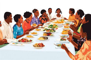 cartoon of family reunion with a big dinner. meeting of a group of black people. family eating happily