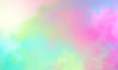 Colorful watercolor background of abstract sunset sky with puffy clouds in pastel rainbow colors of pink blue yellow orange and