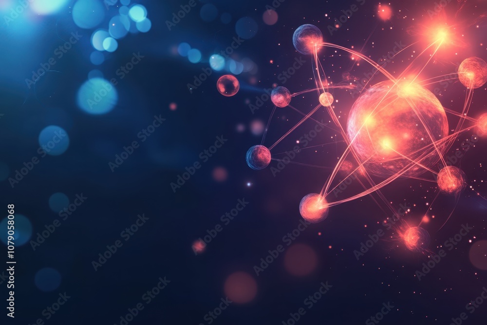 Poster visual representation of atomic structure and energy interaction in a digital space backdrop