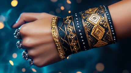 Luxurious Black Gold Cuff Bracelets Ethnic Jewelry Boho Chic Style