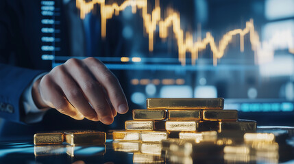 Investor Stacking Gold Bars in a Modern Office Filled With Stock Charts and Financial News Under Bright Lighting