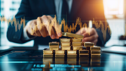 An Investor Stacks Gold Bars in a Modern Office, Surrounded by Stock Charts and Financial News, Highlighting Today's Market Trends