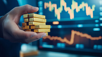 Investor Stacks Gleaming Gold Bars Against a Backdrop of Fluctuating Stock Charts in a Modern Office Setting