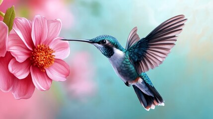 Fototapeta premium Hummingbird Feeding on Pink Flower Nature Beauty Wildlife Photography