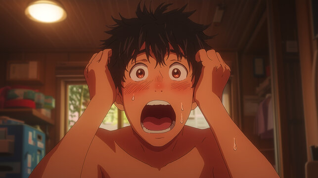 young anime boy with black hair wide eyes and an open mouth in a state of shock or surprise He is sweating and has his hands on his head The background is a blurred image of a room