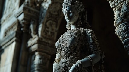 Obraz premium Carved Woman Statue in Historic Temple