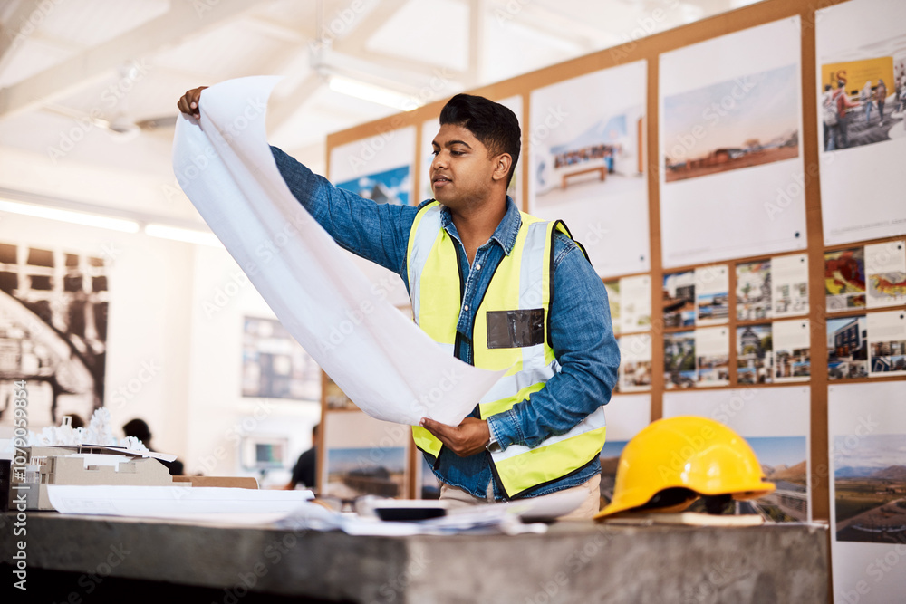 Poster architect, man and reading a blueprint in office for project development or review of property. arch