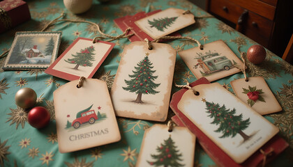 Vintage Christmas gift tags with festive designs on table decorated for New Year celebration