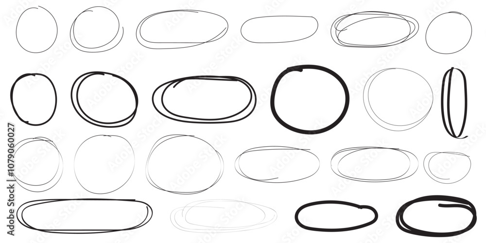 Poster hand drawn circle line sketch set circular vector image. vector brush strokes circles of paint on wh