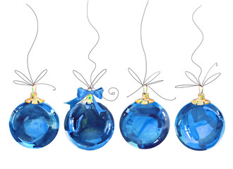 Christmas greeting card. Christmas ball in blue color. New Year watercolor background. Christmas banner.