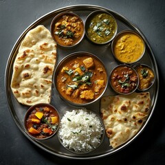Traditional Indian Thali with Assorted Curries, Rice, Naan, and Vibrant Side Dishes on a Metal Platter