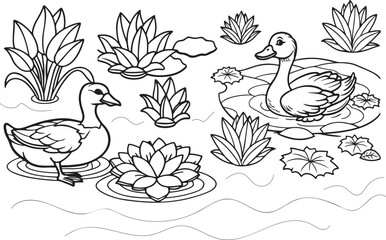 water pond with a duck some water lily leaves kids colour book doodle vector illustrator