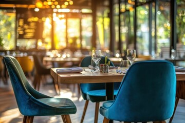 Fototapeta premium Elegant dining setup with blue chairs in a sunlit restaurant during golden hour