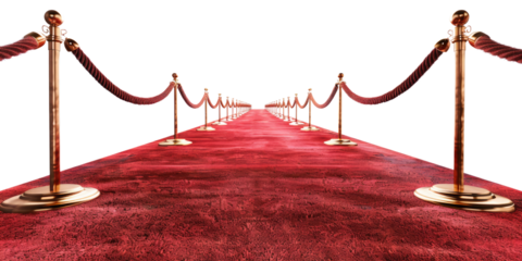 Luxurious red carpet lined with velvet ropes on a transparent background.