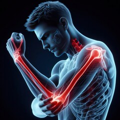 Man experiencing severe elbow pain highlighted in red.