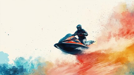 Artistic illustration of jetski in water. Summer tropical sports.