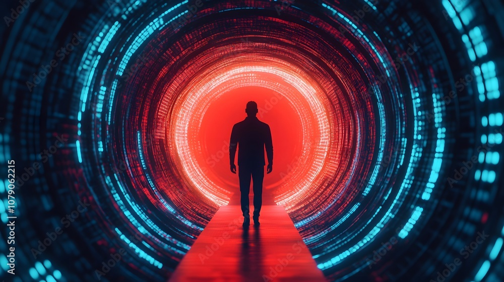 Poster Mysterious Journey Through a Futuristic Portal with a Silhouette of a Man Representing Exploration and Technology in a Digital Environment