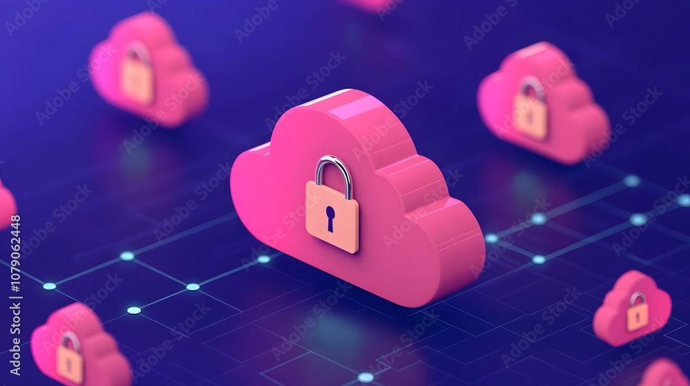 Poster digital cloud security concept with pink cloud icons, padlocks, and connections against a vibrant te