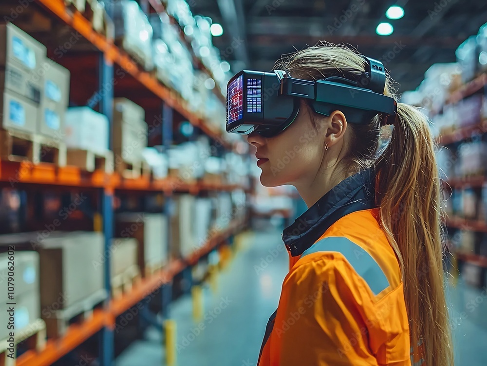 Poster warehouse worker using advanced technology to optimize inventory management