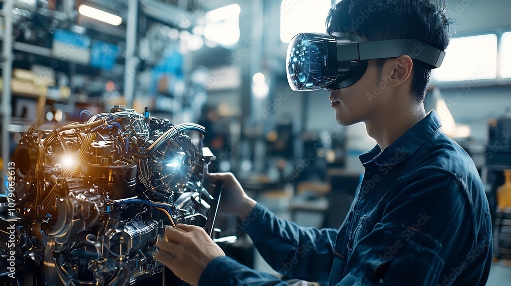 Aufkleber Mechanic Using Headset for Step by Step Repair Guidance and 3D Engine Visualizations in Auto Shop