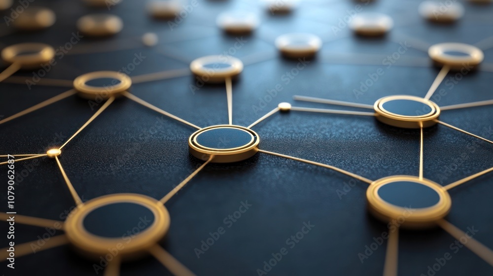 Poster abstract network of golden circles connected with thin lines on dark background.