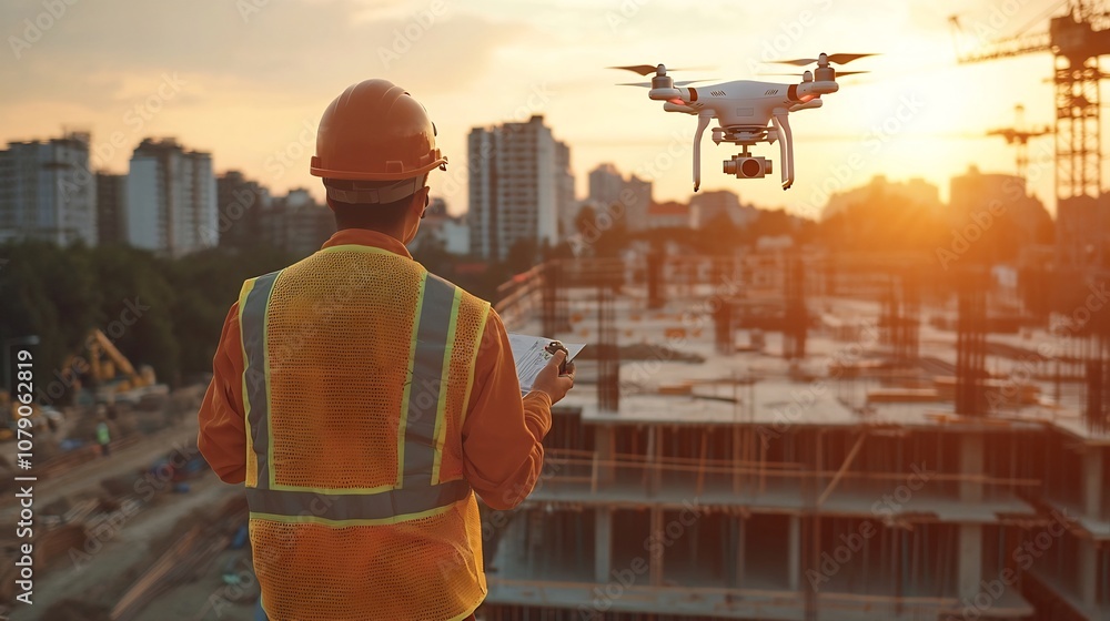 Poster engineer on construction site using drone equipped with for surveying and mapping terrain