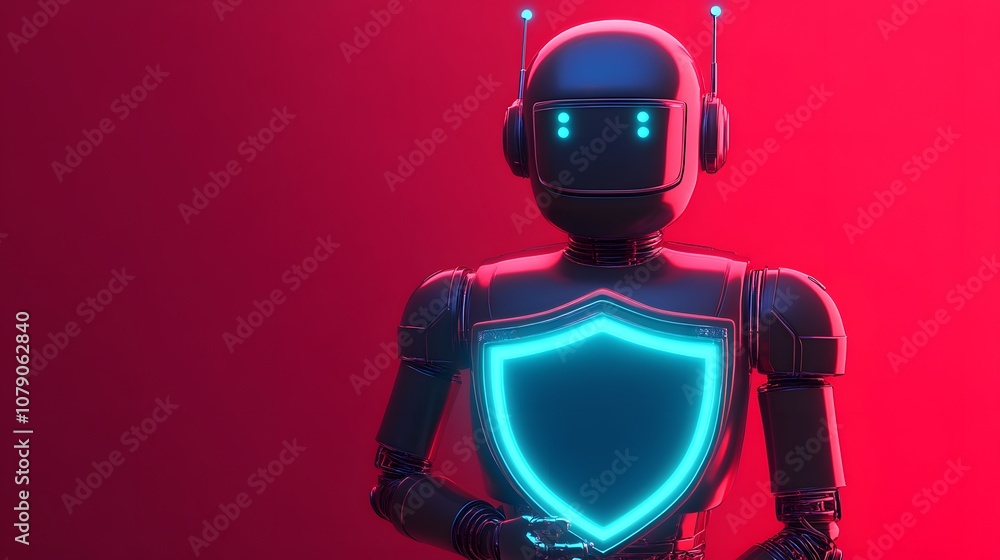Poster Futuristic Robot Character Holding Shield in Neon Colors Symbolizing Cybersecurity and Technology in a Digital Age