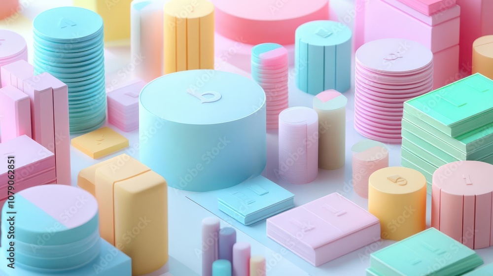 Poster a colorful arrangement of geometric pastel shapes, including cylinders and blocks, creating an abstr