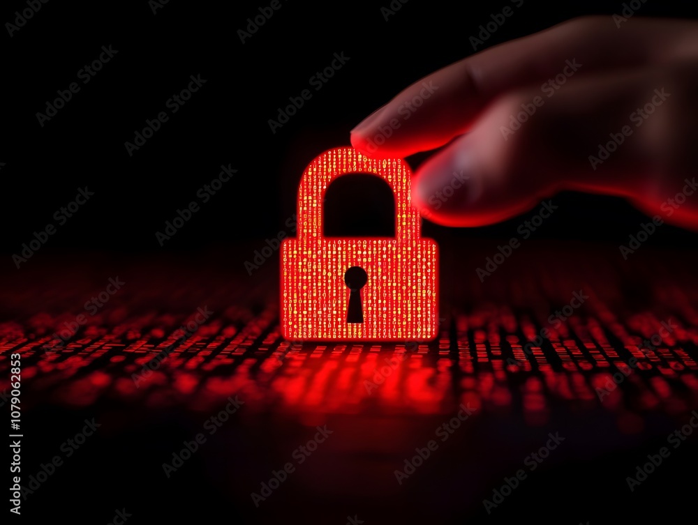 Leinwandbilder Hand Supporting a Red Digital Lock Symbolizing Cybersecurity and Data Protection Over a Background of Glowing Binary Code in Dark Environment