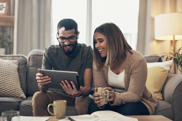 Home, happy couple and online with tablet for finance, track expenses and success for bank loan....