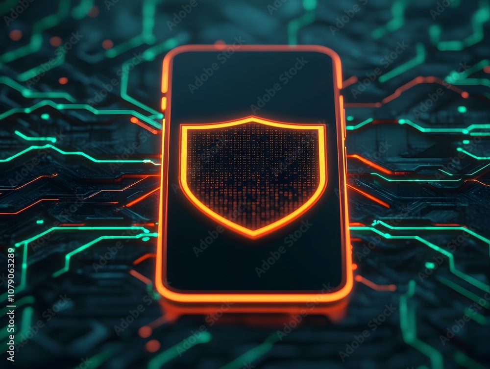 Poster Secure Smartphone with Digital Shield Icon on Circuit Board Background Representing Cybersecurity and Data Protection in Modern Technology