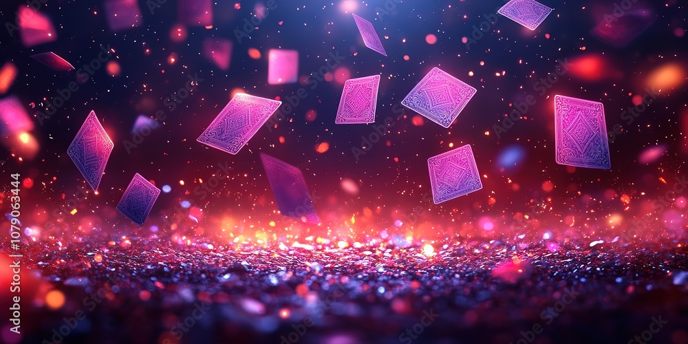 Poster playing cards float in a sparkly red and purple haze.