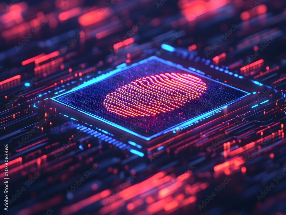 Poster Abstract Digital Illustration of a Fingerprint on a Microchip Surrounded by Neon Lights Representing Technology and Security in Cyber Space