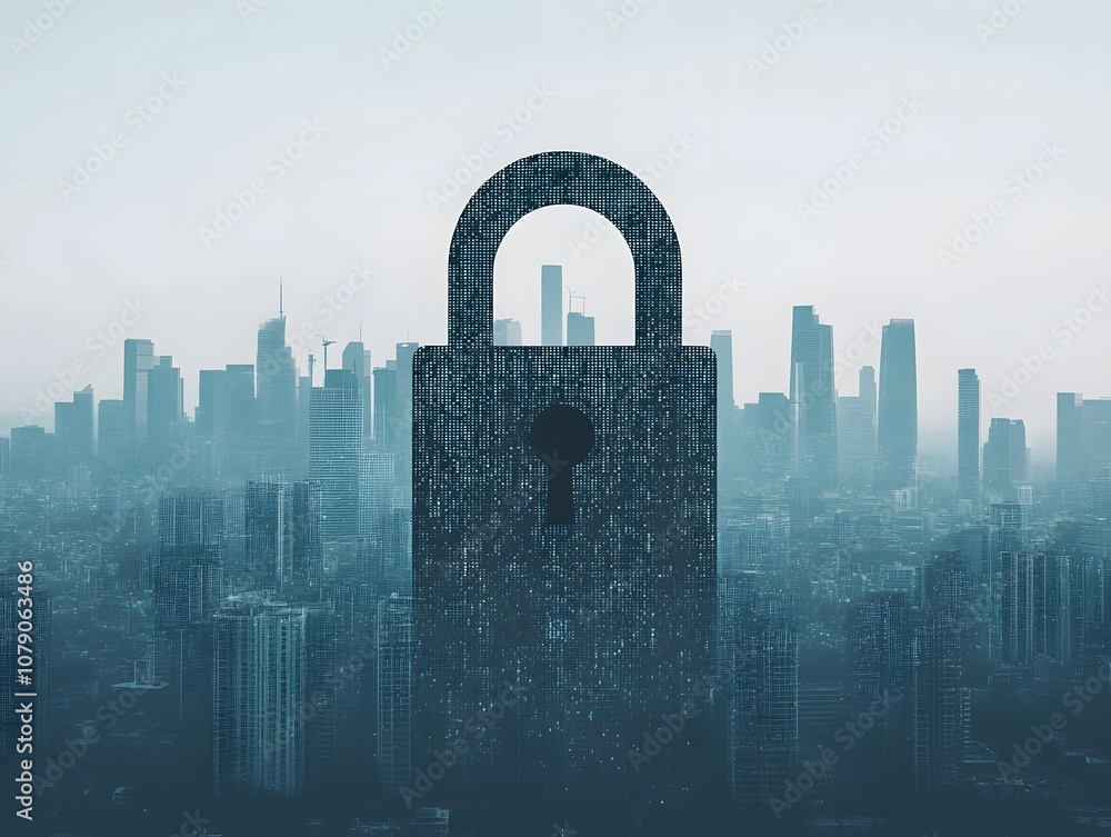 Poster digital lock symbolizing data protection and cybersecurity over city skyline with technology integra