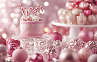 Fototapeta premium Festive holiday table with candy canes, marshmallows, and ornaments in a soft pink theme, capturing a joyful Christmas treat setting 