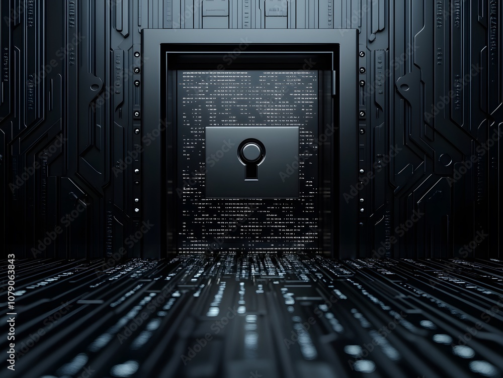 Poster Conceptual representation of cyber security with a digital vault door in a futuristic data environment emphasizing protection and privacy in technology.