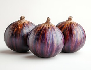 Obraz premium Three purple onions with a unique wood grain pattern sit on a white background.