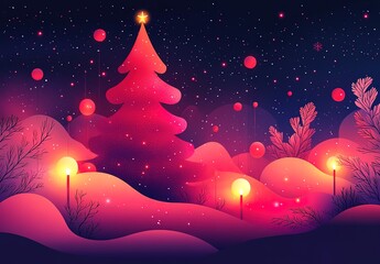 Naklejka premium A festive, digital illustration of a winter scene with a Christmas tree and glowing lights.