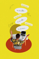 Composite trend artwork 3D sketch image collage of chatting message voice talk speech cloud audio text young man work laptop social media