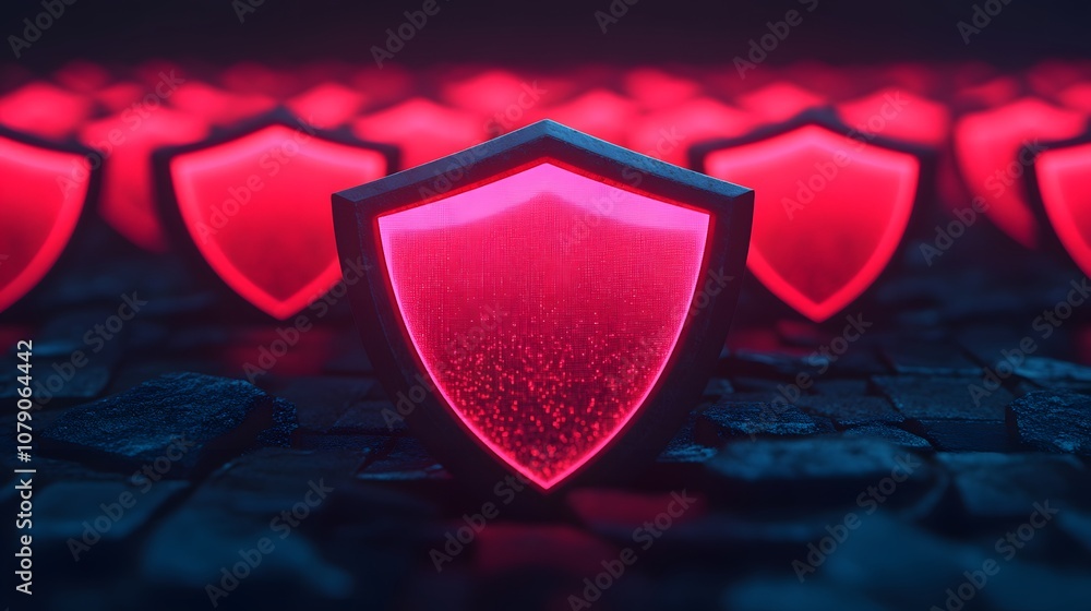 Poster abstract digital art featuring a glowing red shield symbolizing protection, security, and defense in