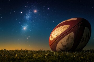 A worn rugby ball rests on grass under a starry night sky at twilight