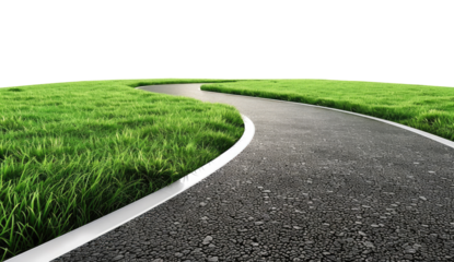Asphalt road curving through a lush green landscape on a transparent background.