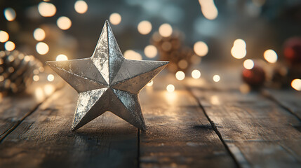 Silver star ornament on rustic wooden table with warm bokeh lights, adding a festive touch to holiday decor
