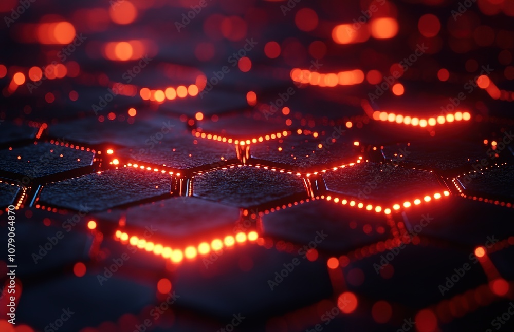 Poster abstract hexagonal pattern with red lights glowing in the dark.