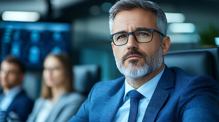 Executives analyze data trends in a modern control room for strategic business decisions