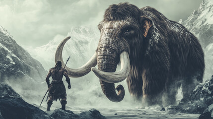 prehistoric hunter faces a massive woolly mammoth in a snowy, mountainous landscape. Epic depiction of Ice Age survival and ancient human history.