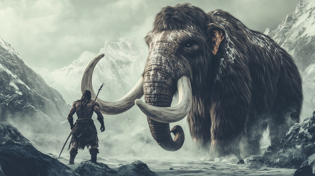 prehistoric hunter faces a massive woolly mammoth in a snowy, mountainous landscape. Epic depiction of Ice Age survival and ancient human history.