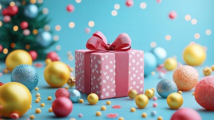 Fototapeta premium Magical Christmas banner with gift box, red bow, and baubles on wood, surrounded by dark golden