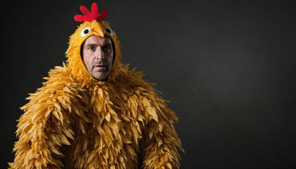 A man wearing a chicken costume stands against a dark backdrop